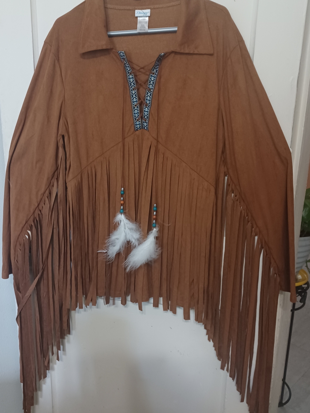 Fringe Suede-Look Brown Women's Jacket with Beaded Tassel Detail
